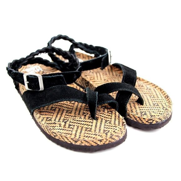 Muk Luks BLACK GENUINE SUEDE LEATHER STRAPPY CORK FLAT SANDALS SHOES Sz 8 US - Picture 1 of 7